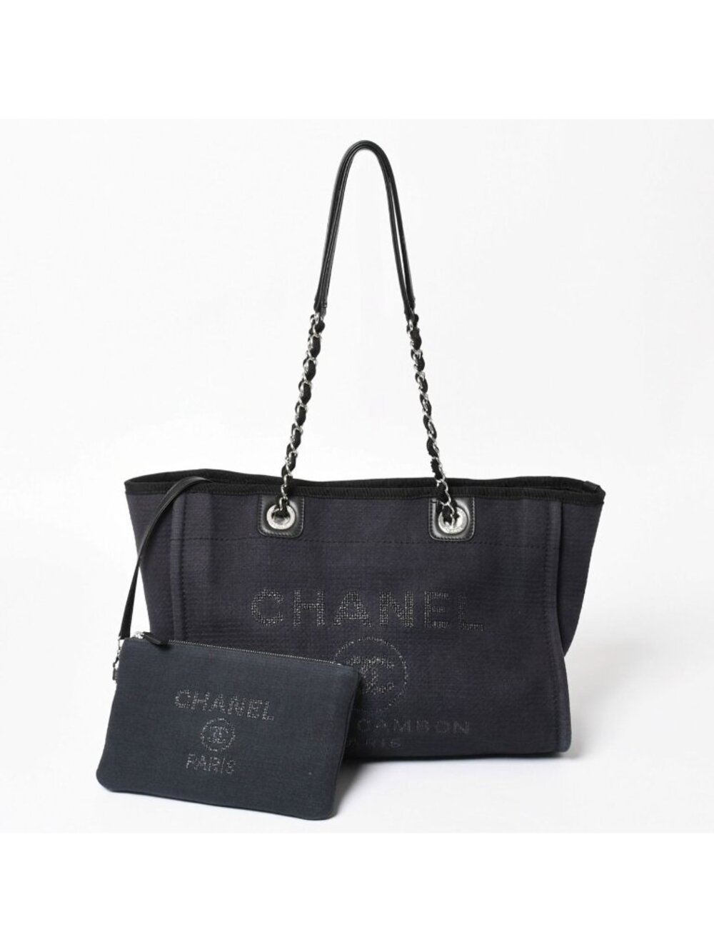 Chanel Deauville MM Chain Strap Tote Shoulder Bag Dark Navy Black Cotton Fiber